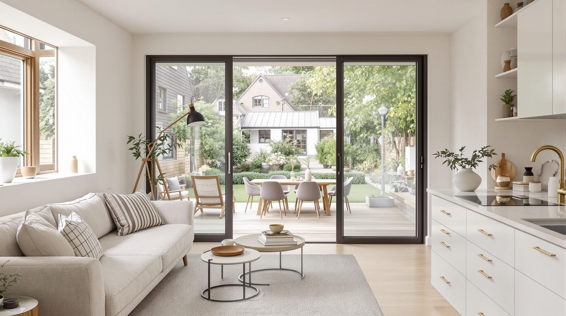 Interior of a modern granny flat looking out to the garden and main house