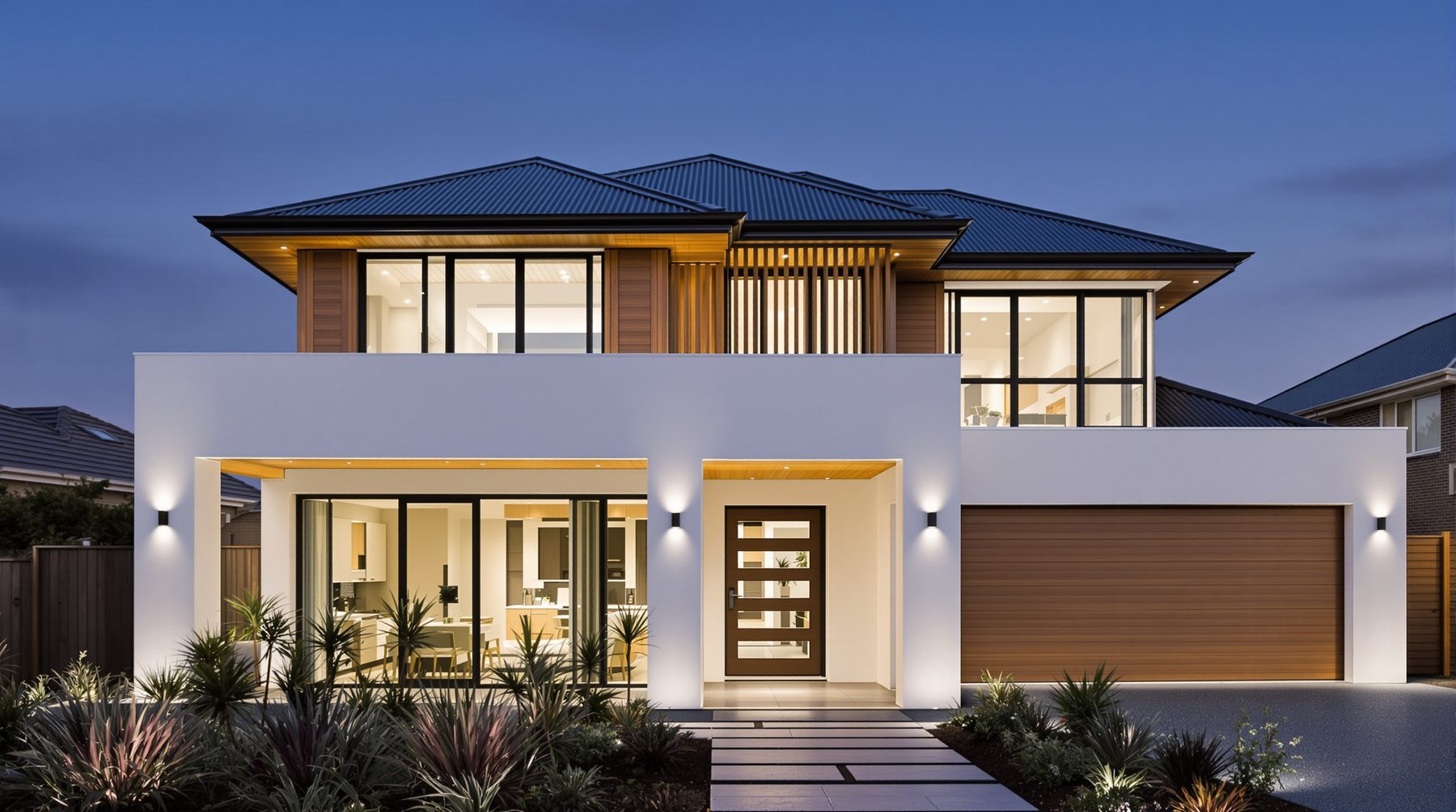 New two-storey family home at dusk on a Sydney suburban block