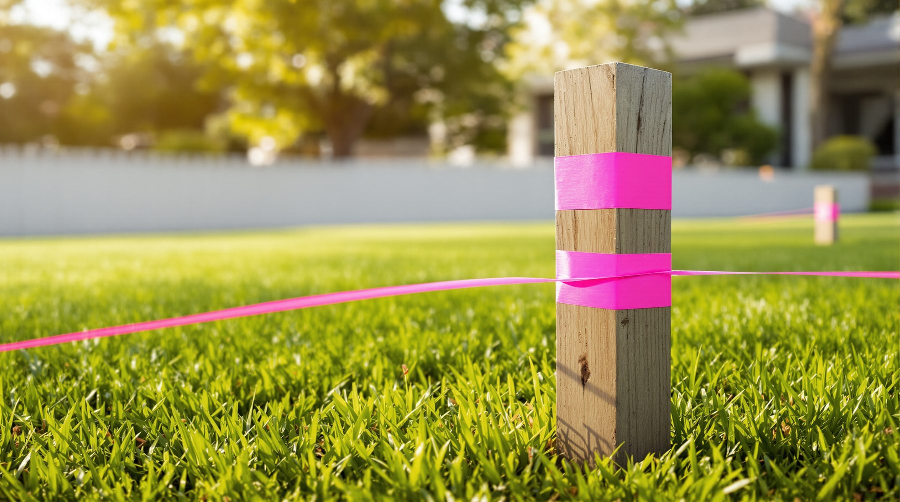 Survey peg with pink flagging tape marking a boundary on a lawn
