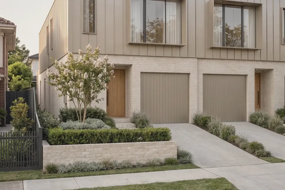 Duplex design for Earlwood: two-storey duplex in light brick and render with vertical cladding and twin garages