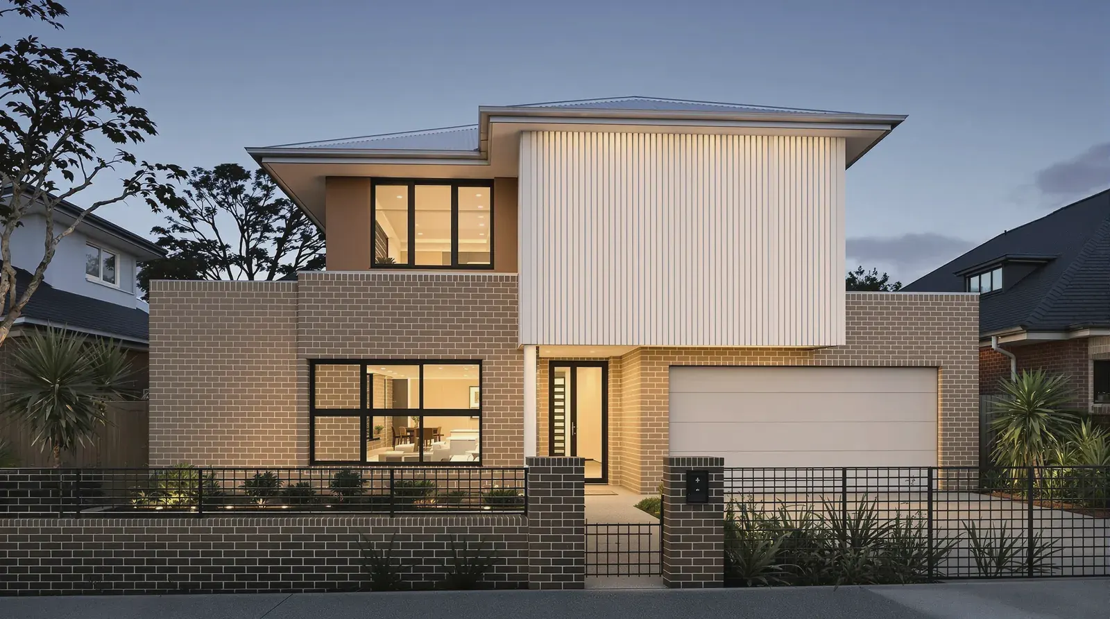 Two-storey brick and clad family home at dusk on a Sydney street