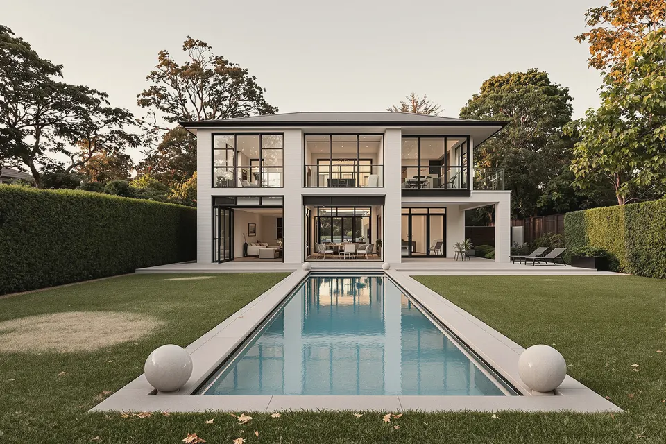 Two-storey Bellevue Hill residence seen across a lap pool and garden