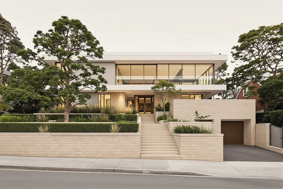 Two-storey Mosman residence with a sandstone base, white render and terraced garden