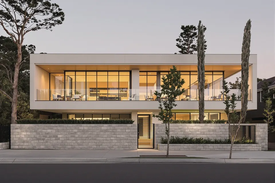 Contemporary Vaucluse residence in off-form concrete and limestone at dusk