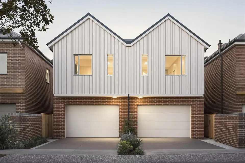 Duplex design for Randwick: side-by-side attached duplex pair with two distinct entries and mirrored layouts