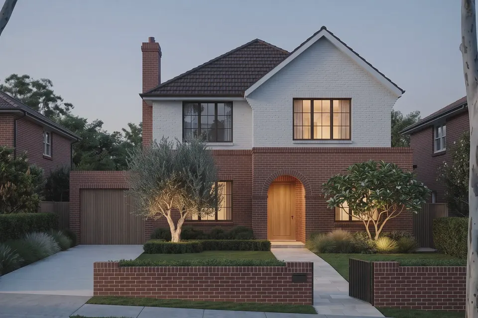 Knock-down rebuild design for St Ives: two-storey knock-down rebuild in red brick and white render with gables